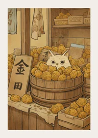 A cat hides among golden fruits, creating mystery.-3