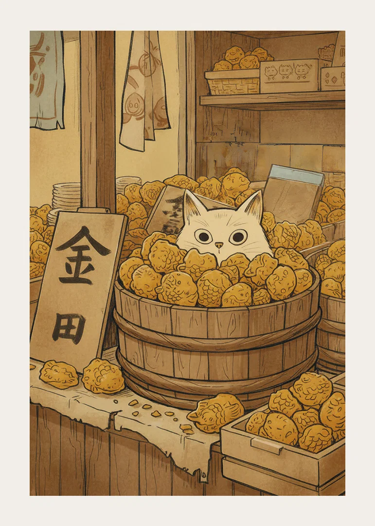 A cat hides among golden fruits, creating mystery.-12