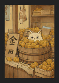 En katt gömmer sig bland gyllene frukter och skapar mystik.-5