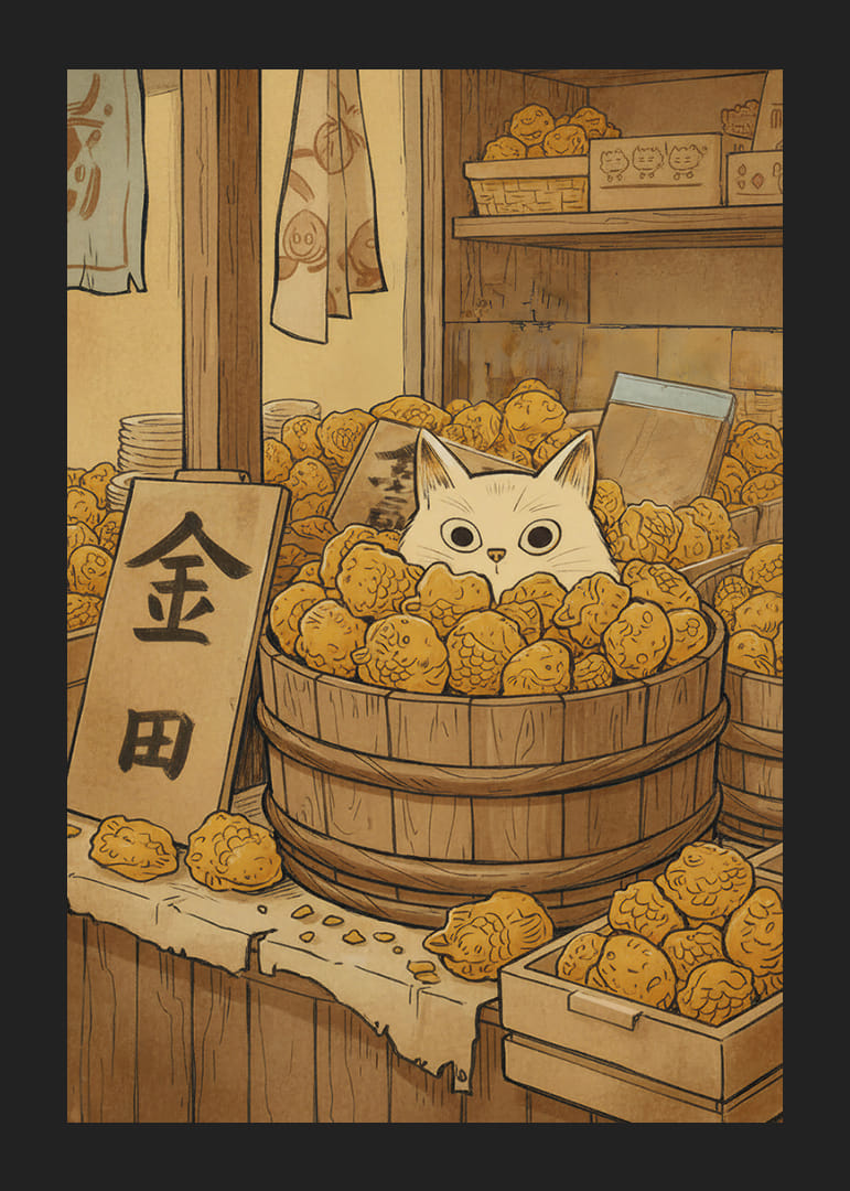 En katt gömmer sig bland gyllene frukter och skapar mystik.-12