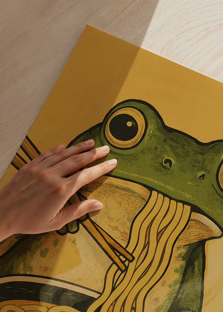 A frog enjoys noodles in a warm, inviting meal.-12