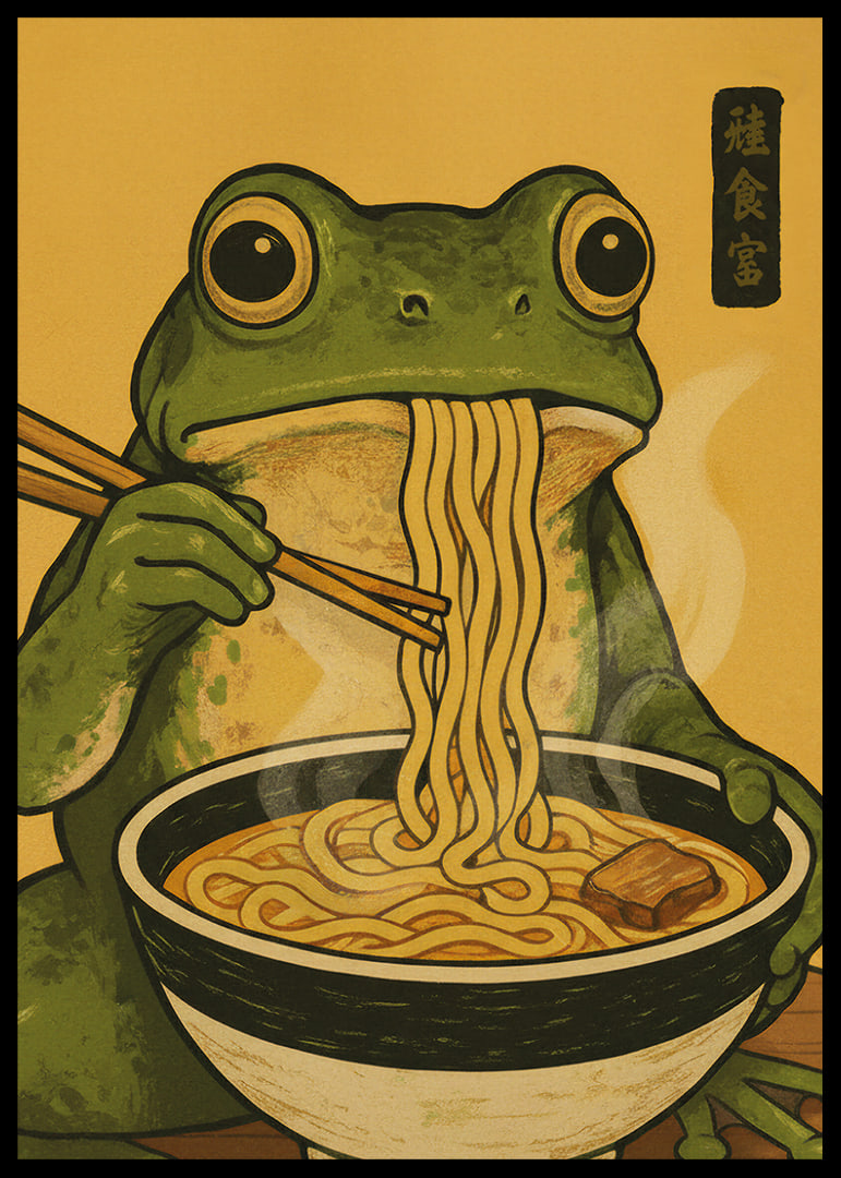 A frog enjoys noodles in a warm, inviting meal.-12