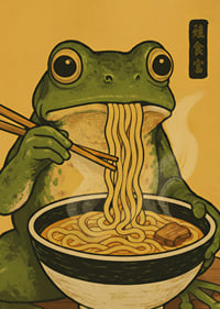 A frog enjoys noodles in a warm, inviting meal.-7