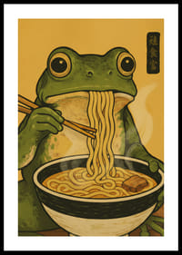 En groda njuter av nudlar i en varm, inbjudande måltid.-0