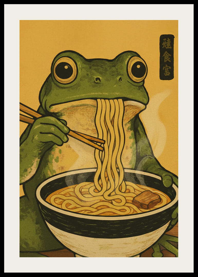 A frog enjoys noodles in a warm, inviting meal.-12