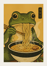A frog enjoys noodles in a warm, inviting meal.-3