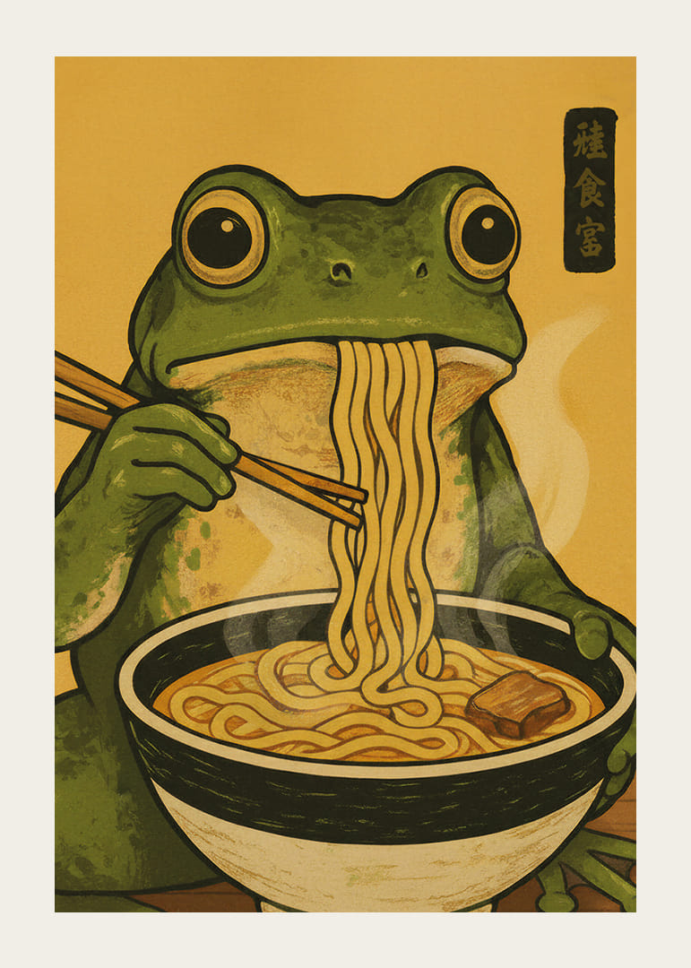 A frog enjoys noodles in a warm, inviting meal.-12