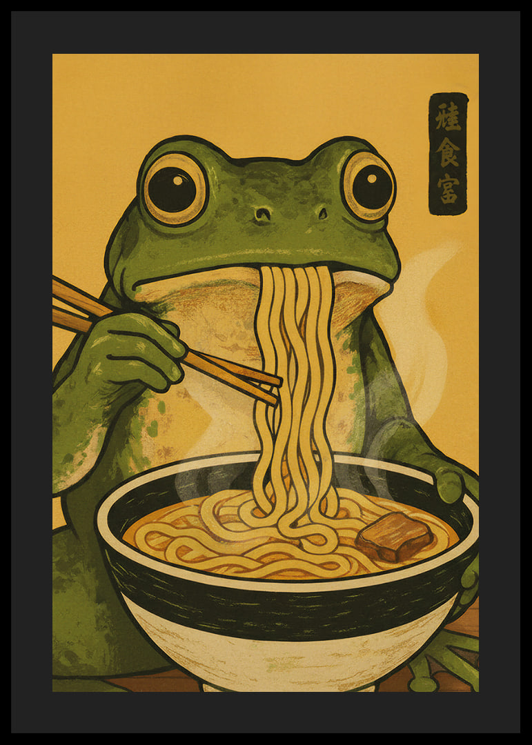 A frog enjoys noodles in a warm, inviting meal.-12