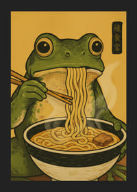 A frog enjoys noodles in a warm, inviting meal.-5