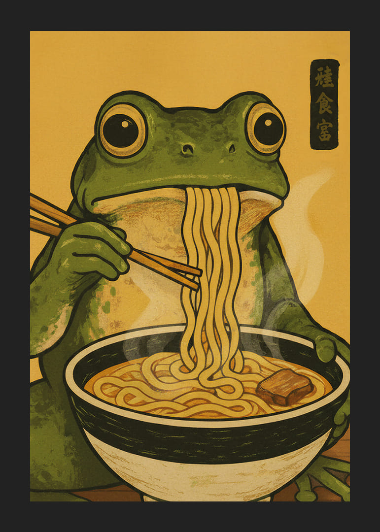 A frog enjoys noodles in a warm, inviting meal.-12