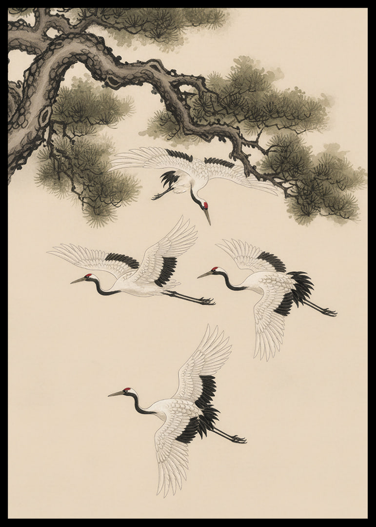 Graceful cranes soar beneath an ancient pine tree.-12