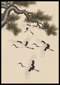 Graceful cranes soar beneath an ancient pine tree.-6