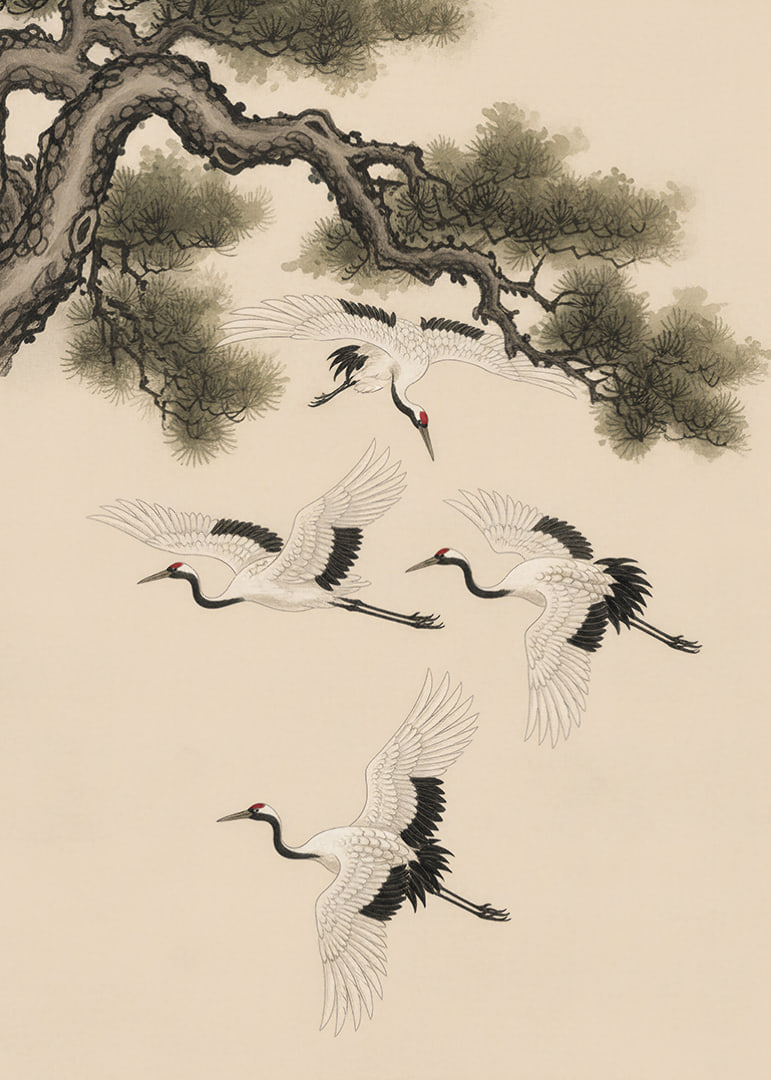 Graceful cranes soar beneath an ancient pine tree.-12
