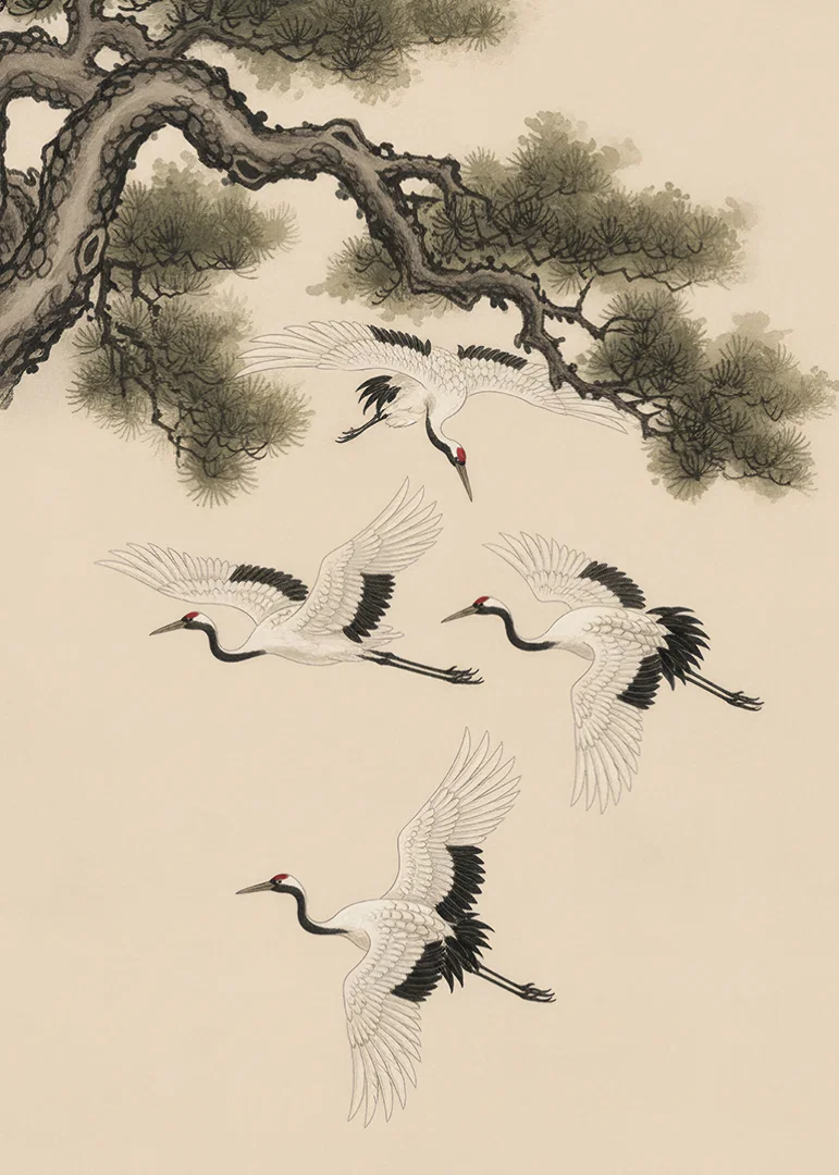 Graceful cranes soar beneath an ancient pine tree.-12