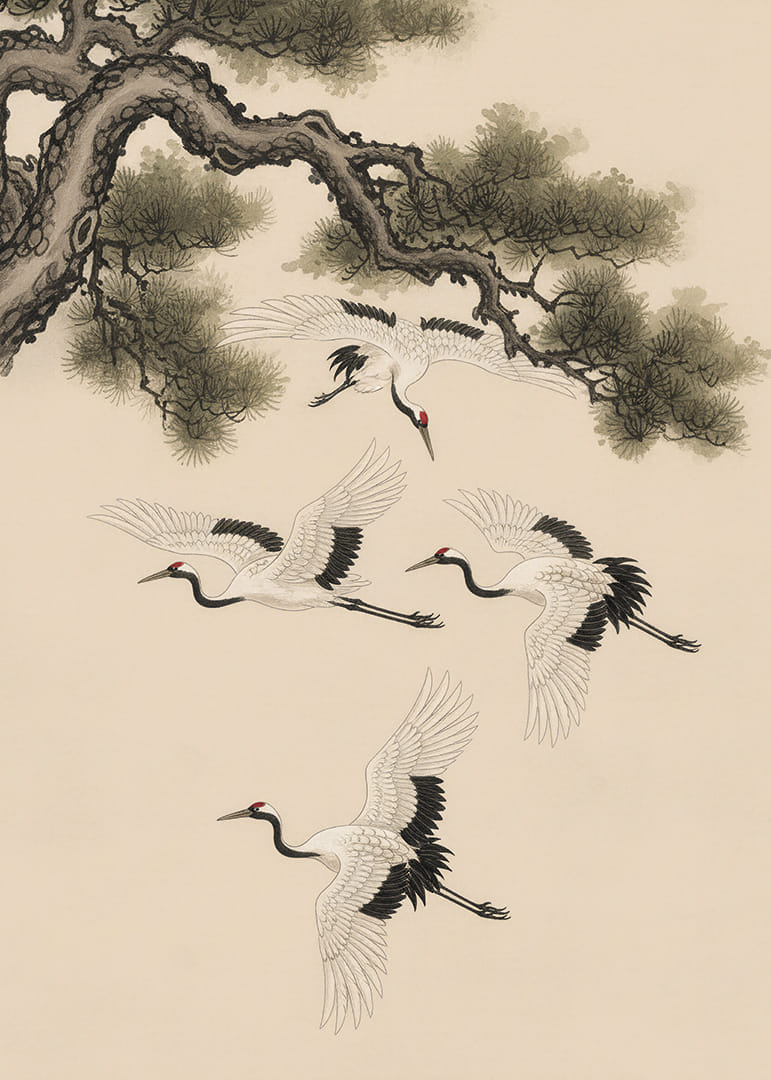 Graciosas garças planam sob um pinheiro centenário.-12