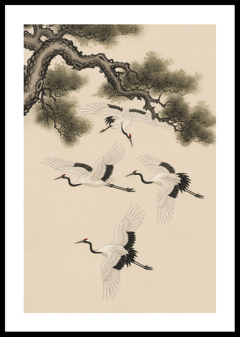 Graceful cranes soar beneath an ancient pine tree.-12