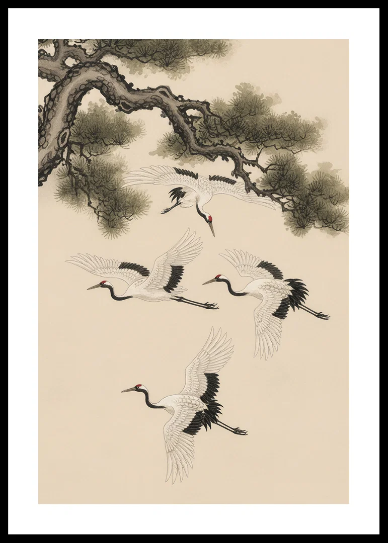 Graceful cranes soar beneath an ancient pine tree.-12