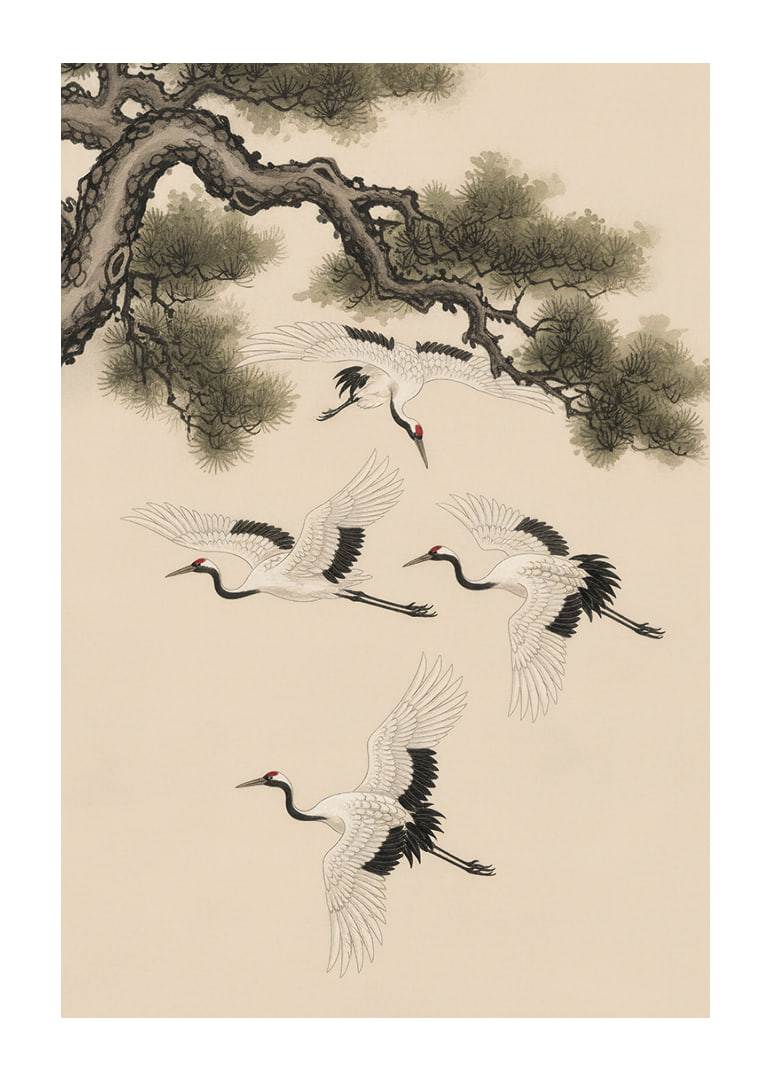 Graceful cranes soar beneath an ancient pine tree.-12