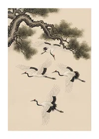 Graceful cranes soar beneath an ancient pine tree.-1