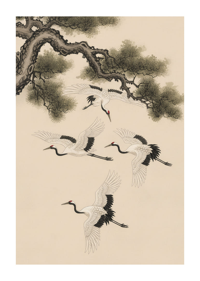 Graciosas garças planam sob um pinheiro centenário.-12