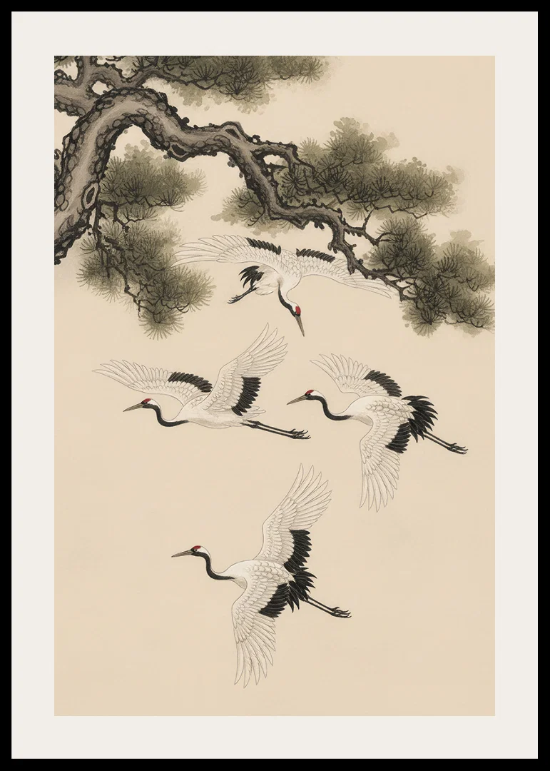 Graceful cranes soar beneath an ancient pine tree.-12