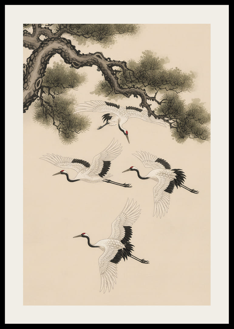 Graciösa tranor svävar under en forntida tall.-12