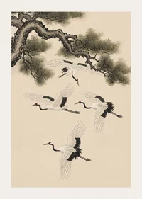 Graceful cranes soar beneath an ancient pine tree.-3