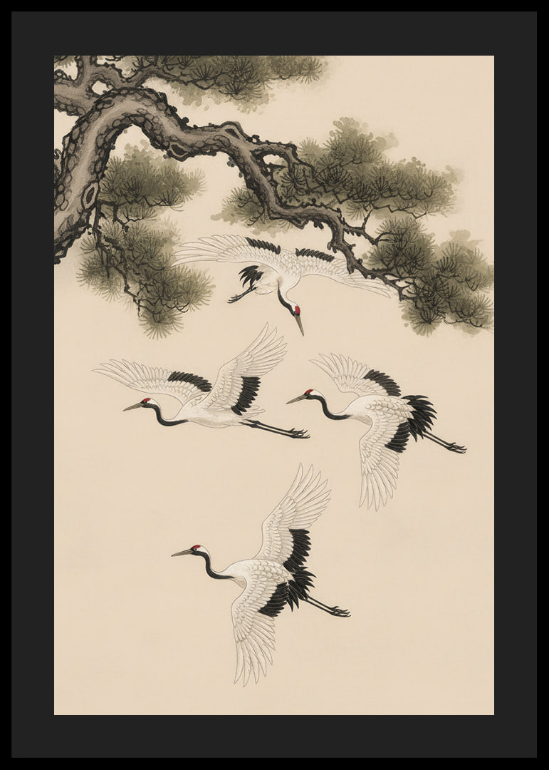 Graceful cranes soar beneath an ancient pine tree.-12
