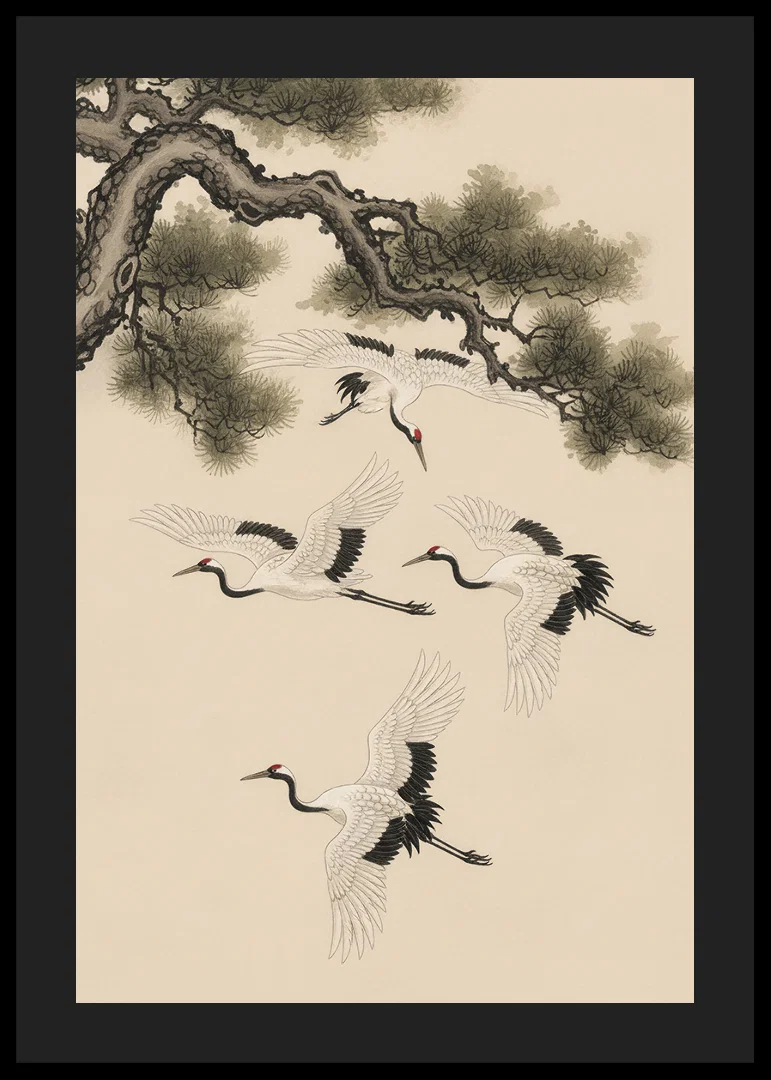 Graceful cranes soar beneath an ancient pine tree.-12