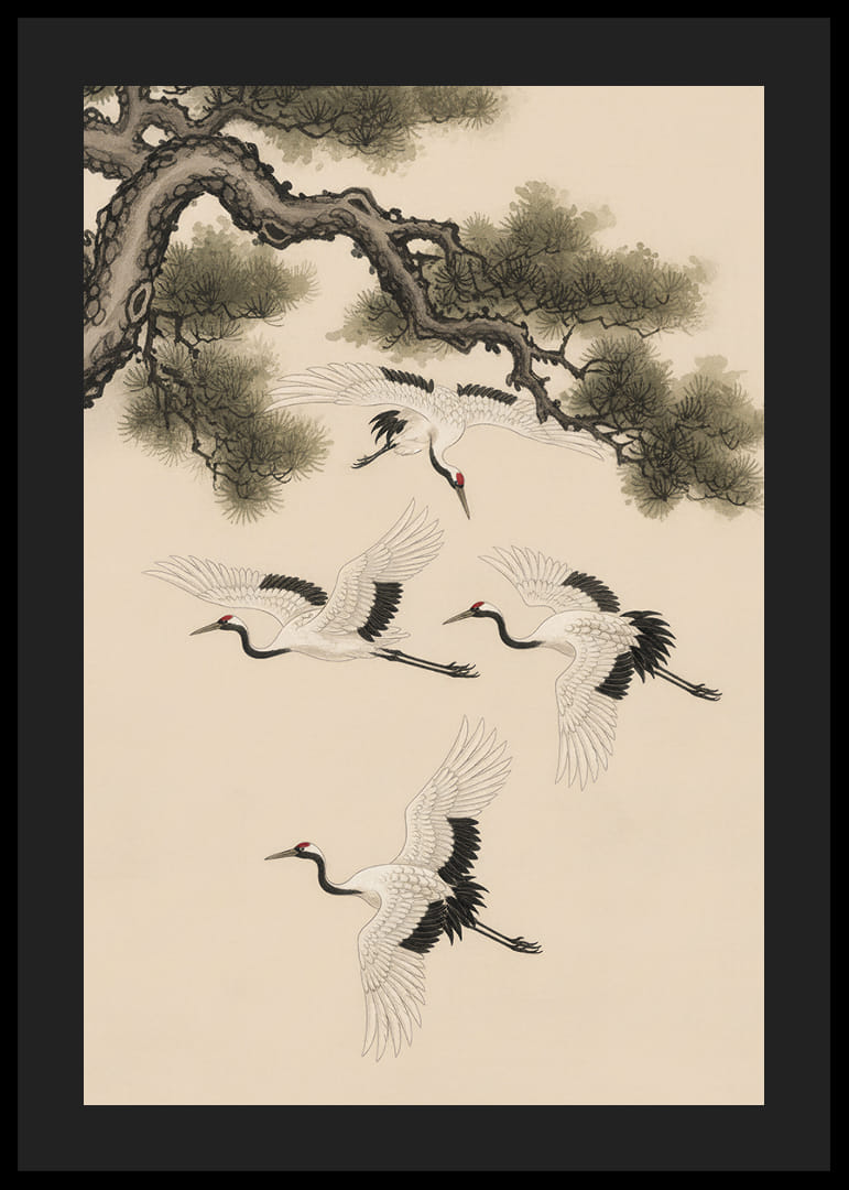 Graciösa tranor svävar under en forntida tall.-12