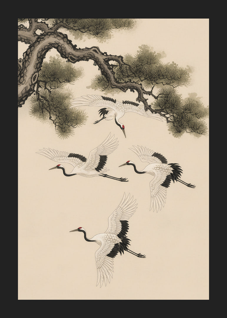 Graceful cranes soar beneath an ancient pine tree.-12