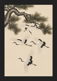 Graceful cranes soar beneath an ancient pine tree.-5