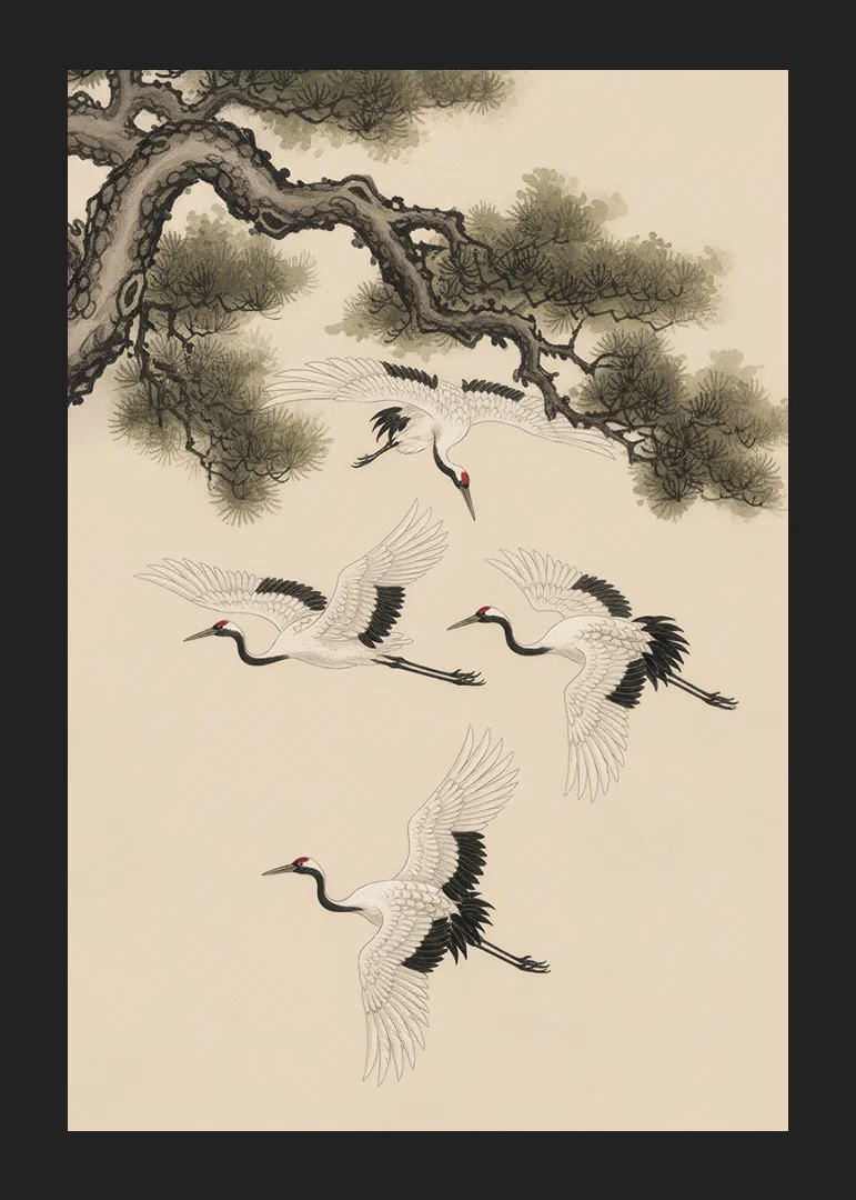 Graceful cranes soar beneath an ancient pine tree.-12