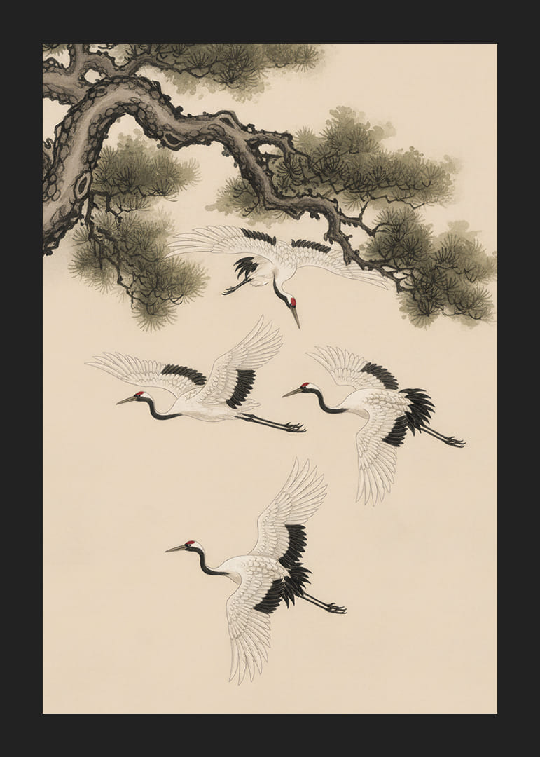 Graciösa tranor svävar under en forntida tall.-12