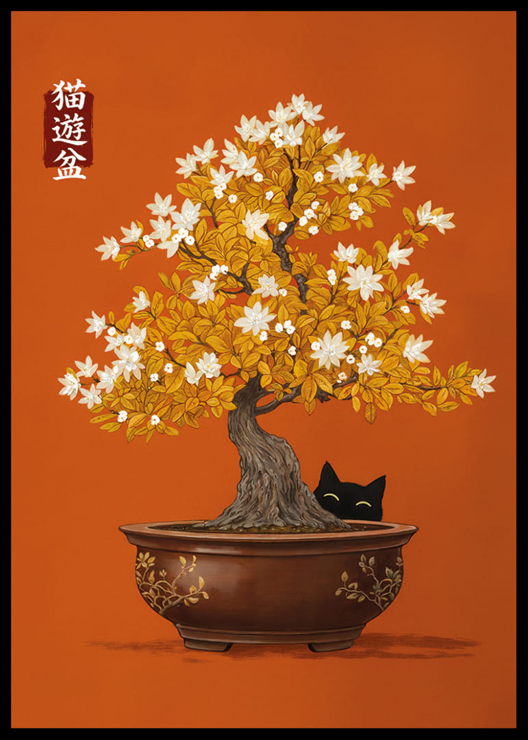 Um gato esconde-se sob um bonsai florido.-12