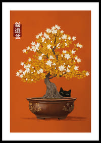 Um gato esconde-se sob um bonsai florido.-0