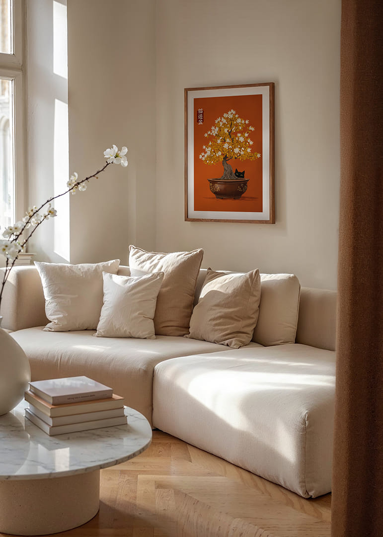 Um gato esconde-se sob um bonsai florido.-12