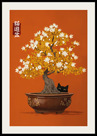 A cat hides under a flowering bonsai tree.-2
