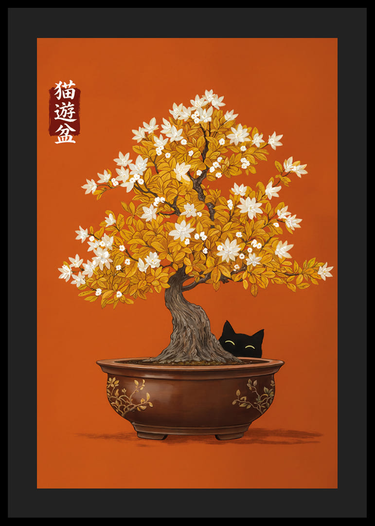 En katt gömmer sig under ett blommande bonsaiträd.-12