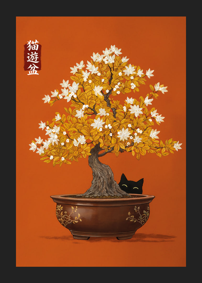 A cat hides under a flowering bonsai tree.-12