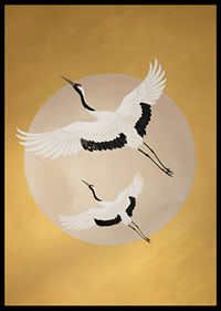 Graceful cranes soar towards a golden horizon.-6