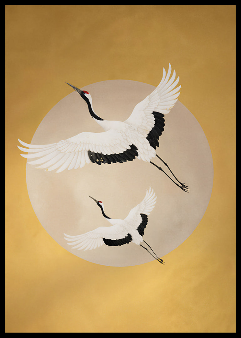 Graceful cranes soar towards a golden horizon.-12