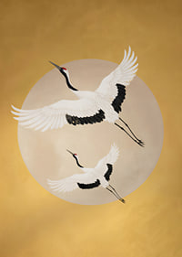 Graceful cranes soar towards a golden horizon.-7