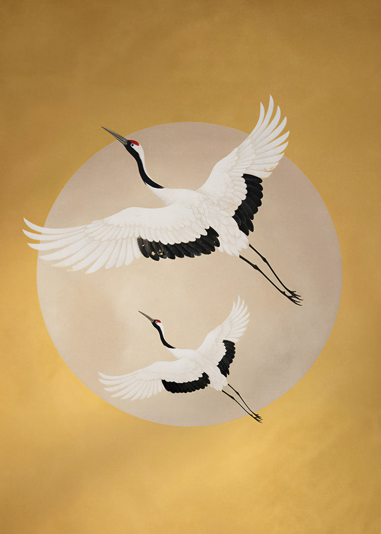 Graceful cranes soar towards a golden horizon.-12