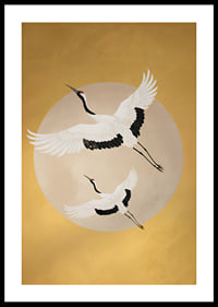 Graceful cranes soar towards a golden horizon.-0