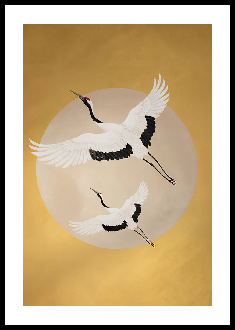 Graceful cranes soar towards a golden horizon.-12