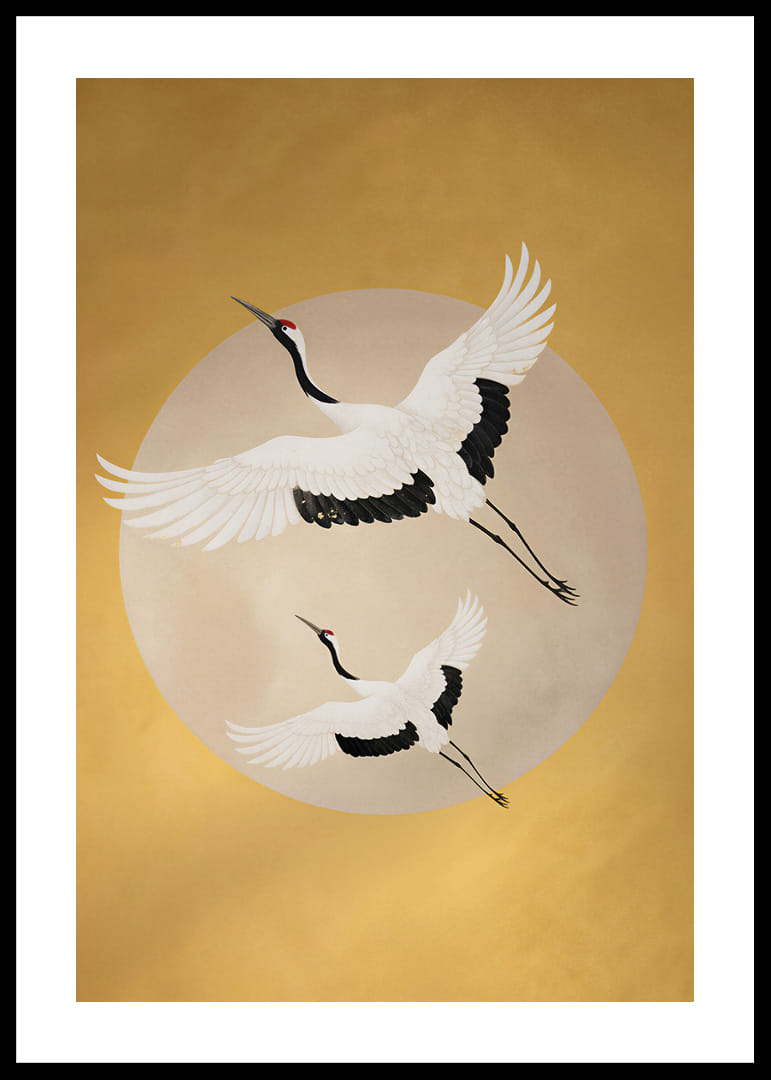 Graciosas garças planam em direção a um horizonte dourado.-12