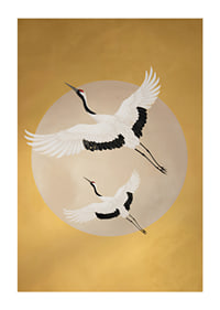 Graceful cranes soar towards a golden horizon.-1