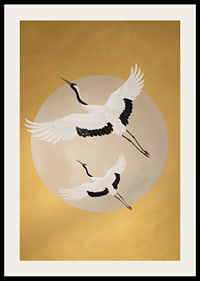 Graceful cranes soar towards a golden horizon.-2