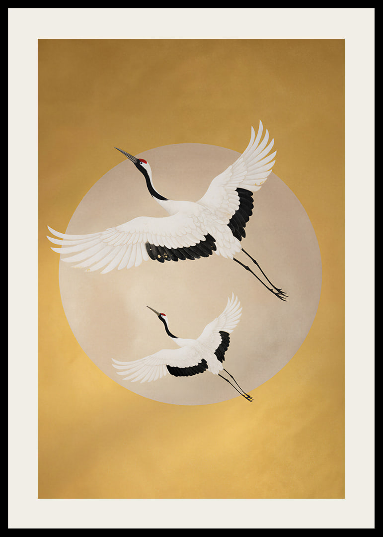 Graceful cranes soar towards a golden horizon.-12